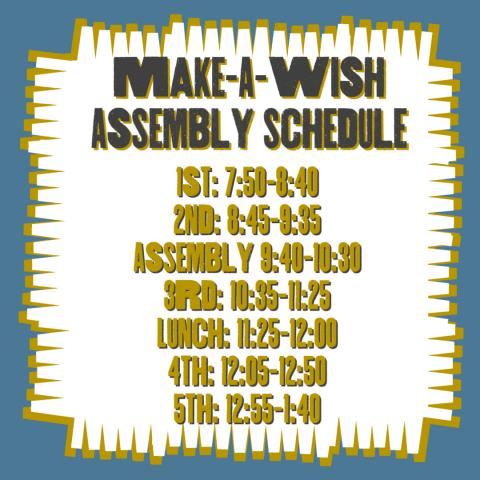 1st: 7:50-8:40  2nd: 8:45-9:35  Assembly 9:40-10:30   3rd: 10:35-11:25  Lunch: 11:25-12:00  4th: 12:05-12:50  5th: 12:55-1:40